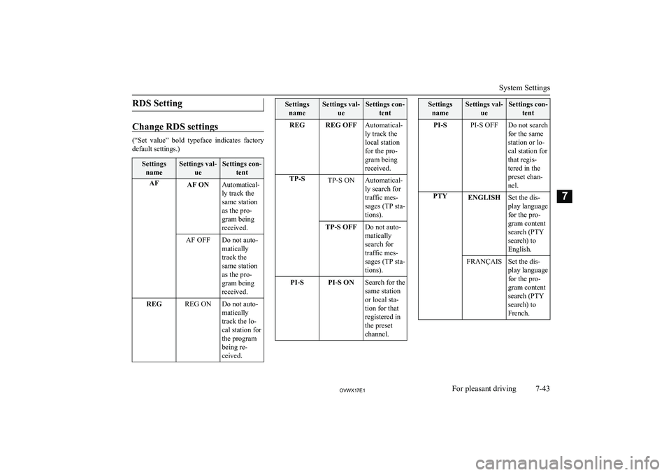MITSUBISHI SHOGUN 2017 Owners Manual (in English) RDS Setting
Change RDS settings
(“Set value” bold typeface indicates factory
default settings.)
Settings nameSettings val- ueSettings con-tentAFAF ONAutomatical-
ly track the
same station
as MITSUBISHI SHOGUN 2017 Owners Manual (in English) RDS Setting
Change RDS settings
(“Set value” bold typeface indicates factory
default settings.)
Settings nameSettings val- ueSettings con-tentAFAF ONAutomatical-
ly track the
same station
as