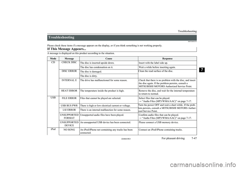 MITSUBISHI SHOGUN 2017   (in English) Repair Manual TroubleshootingE00738401075
Please check these items if a message appears on the display, or if you think something is not working properly.If This Message Appears...
A message is displayed on this pr