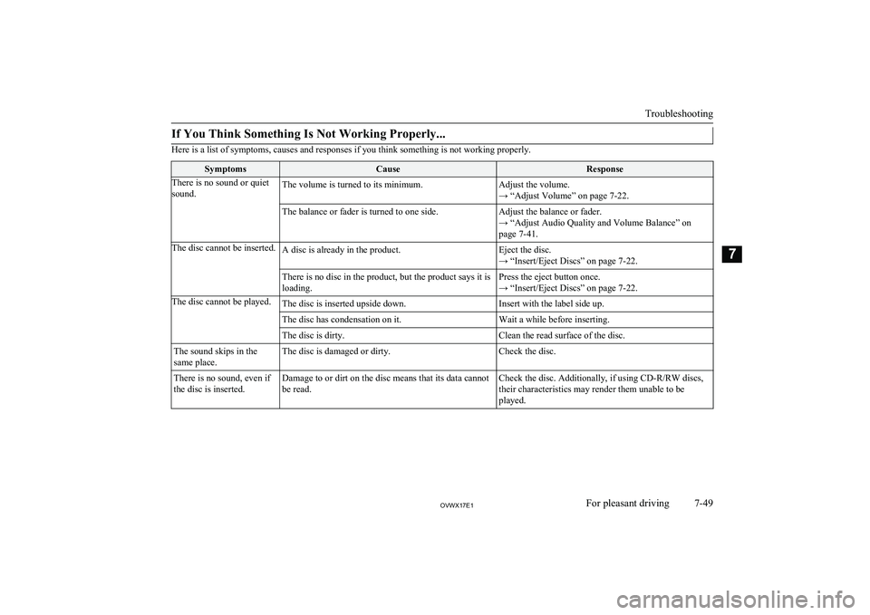 MITSUBISHI SHOGUN 2017 Owners Manual (in English) If You Think Something Is Not Working Properly...
Here is a list of symptoms, causes and responses if you think something is not working properly.
SymptomsCauseResponseThere is no sound or quiet
sound MITSUBISHI SHOGUN 2017 Owners Manual (in English) If You Think Something Is Not Working Properly...
Here is a list of symptoms, causes and responses if you think something is not working properly.
SymptomsCauseResponseThere is no sound or quiet
sound