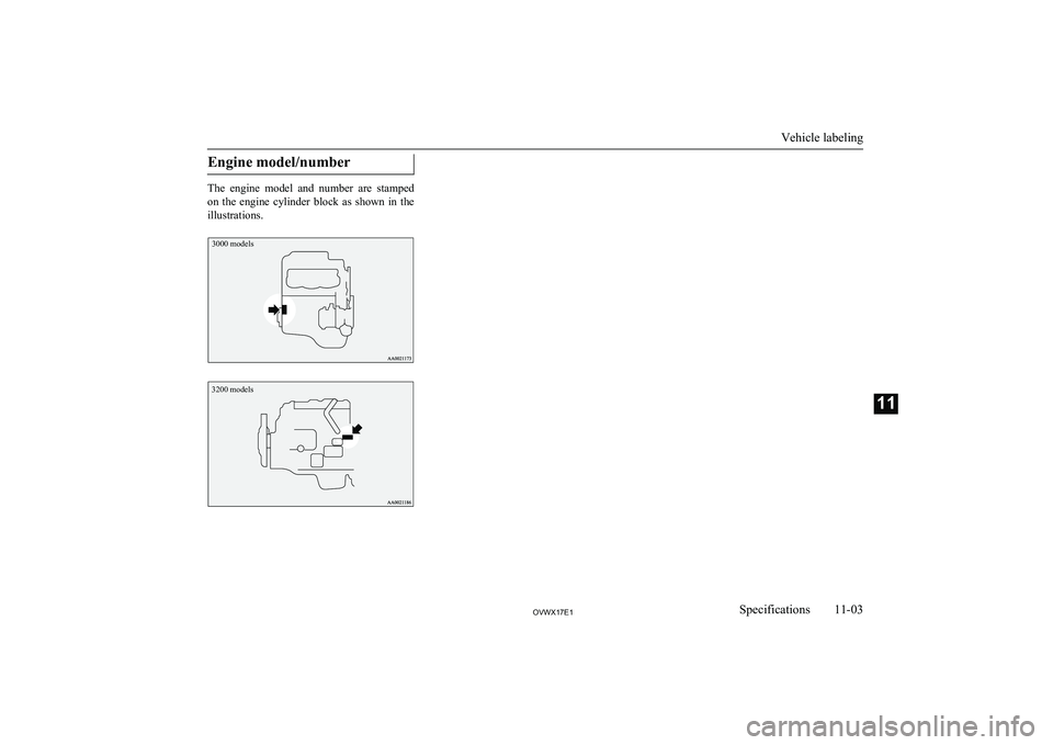 MITSUBISHI SHOGUN 2017  Owners Manual (in English) Engine model/number
The  engine  model  and  number  are  stamped
on  the  engine  cylinder  block  as  shown  in  the illustrations.
3000 models3200 models
Vehicle labeling
11-03OVWX17E1Specification