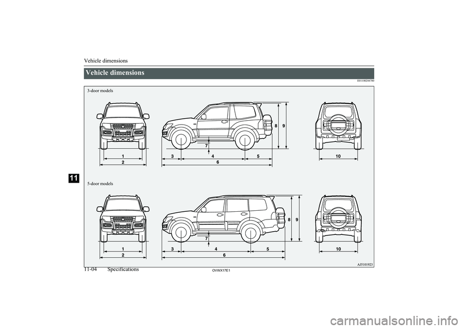 MITSUBISHI SHOGUN 2017  Owners Manual (in English) Vehicle dimensionsE01100204780
Vehicle dimensions
11-04OVWX17E1Specifications115-door models
3-door models  