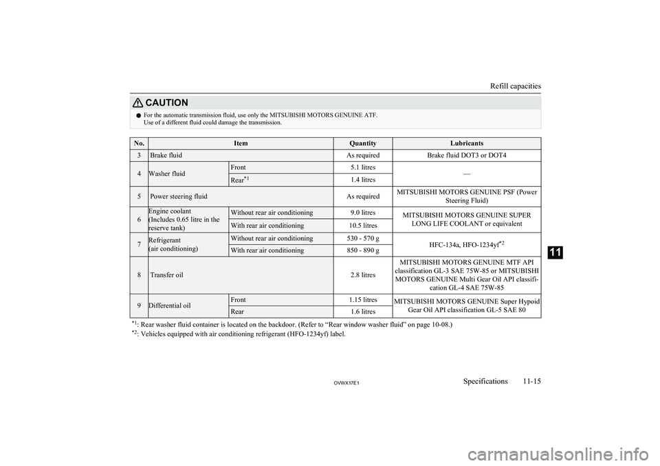 MITSUBISHI SHOGUN 2017 Owners Manual (in English) CAUTIONlFor the automatic transmission fluid, use only the MITSUBISHI MOTORS GENUINE ATF.
Use of a different fluid could damage the transmission.No.ItemQuantityLubricants3Brake fluidAs requiredBrake f MITSUBISHI SHOGUN 2017 Owners Manual (in English) CAUTIONlFor the automatic transmission fluid, use only the MITSUBISHI MOTORS GENUINE ATF.
Use of a different fluid could damage the transmission.No.ItemQuantityLubricants3Brake fluidAs requiredBrake f