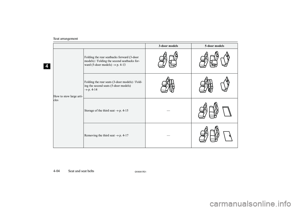 MITSUBISHI SHOGUN 2017 (in English) Service Manual 3-door models5-door models
How to stow large arti-
cles
Folding the rear seatbacks forward (3-door
models) / Folding the second seatbacks for-
ward (5-door models) ® p. 4-13Folding the rear seats ( MITSUBISHI SHOGUN 2017 (in English) Service Manual 3-door models5-door models
How to stow large arti-
cles
Folding the rear seatbacks forward (3-door
models) / Folding the second seatbacks for-
ward (5-door models) ® p. 4-13Folding the rear seats (