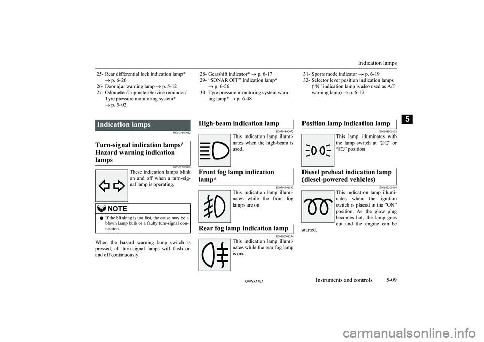 MITSUBISHI SHOGUN 2017 Owners Manual (in English) 25- Rear differential lock indication lamp*® p. 6-26
26- Door ajar warning lamp ® p. 5-12
27- Odometer/Tripmeter/Service reminder/ Tyre pressure monitoring system*
® p. 5-0228- Gearshift indicato MITSUBISHI SHOGUN 2017 Owners Manual (in English) 25- Rear differential lock indication lamp*® p. 6-26
26- Door ajar warning lamp ® p. 5-12
27- Odometer/Tripmeter/Service reminder/ Tyre pressure monitoring system*
® p. 5-0228- Gearshift indicato