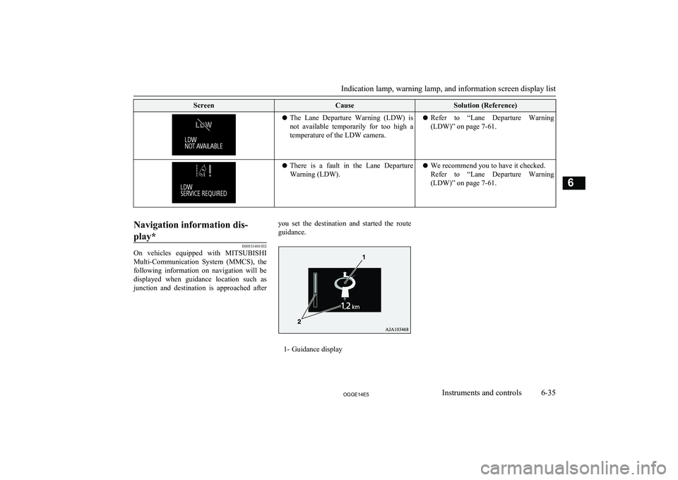 MITSUBISHI OUTLANDER PHEV 2014 Owners Manual (in English) ScreenCauseSolution (Reference)lThe Lane Departure Warning (LDW) is
not available temporarily for too high a
temperature of the LDW camera.l Refer to “Lane Departure Warning
(LDW)” MITSUBISHI OUTLANDER PHEV 2014 Owners Manual (in English) ScreenCauseSolution (Reference)lThe Lane Departure Warning (LDW) is
not available temporarily for too high a
temperature of the LDW camera.l Refer to “Lane Departure Warning
(LDW)”