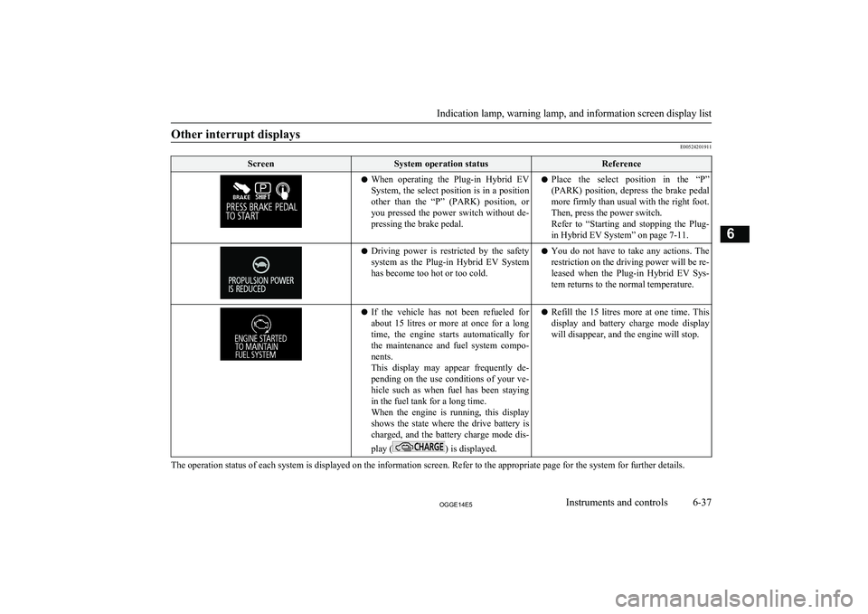 MITSUBISHI OUTLANDER PHEV 2014 Owners Manual (in English) Other interrupt displays
E00524201911
ScreenSystem operation statusReferencelWhen operating the Plug-in Hybrid EV
System, the select position is in a position
other than the “P” (PARK) p MITSUBISHI OUTLANDER PHEV 2014 Owners Manual (in English) Other interrupt displays
E00524201911
ScreenSystem operation statusReferencelWhen operating the Plug-in Hybrid EV
System, the select position is in a position
other than the “P” (PARK) p