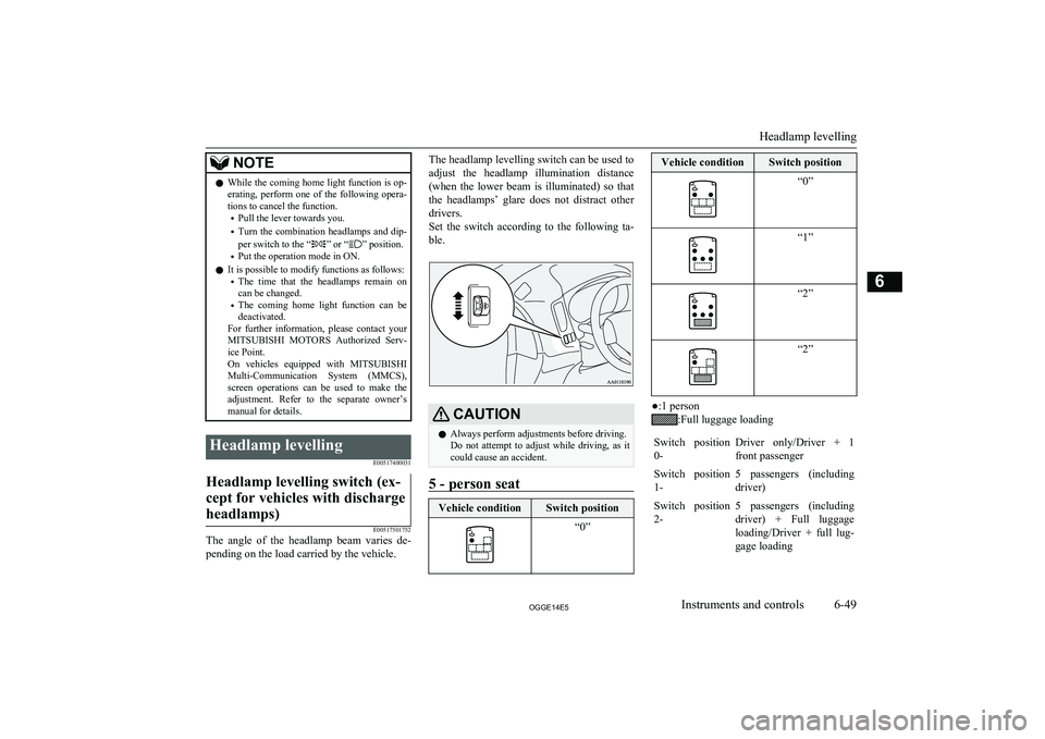 MITSUBISHI OUTLANDER PHEV 2014 Owners Manual (in English) NOTElWhile the coming home light function is op-
erating, perform one of the following opera-
tions to cancel the function.
• Pull the lever towards you.
• Turn the combination headlamps MITSUBISHI OUTLANDER PHEV 2014 Owners Manual (in English) NOTElWhile the coming home light function is op-
erating, perform one of the following opera-
tions to cancel the function.
• Pull the lever towards you.
• Turn the combination headlamps