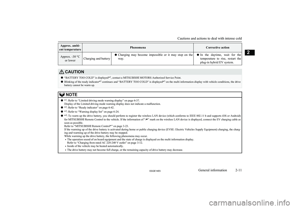 MITSUBISHI OUTLANDER PHEV 2014  Owners Manual (in English) Approx. ambi-
ent temperaturePhenomenaCorrective actionApprox. -30 °C or lowerCharging and batterylCharging  may  become  impossible  or  it  may  stop  on  the
way.l In  the  daytime,  wait  for  th