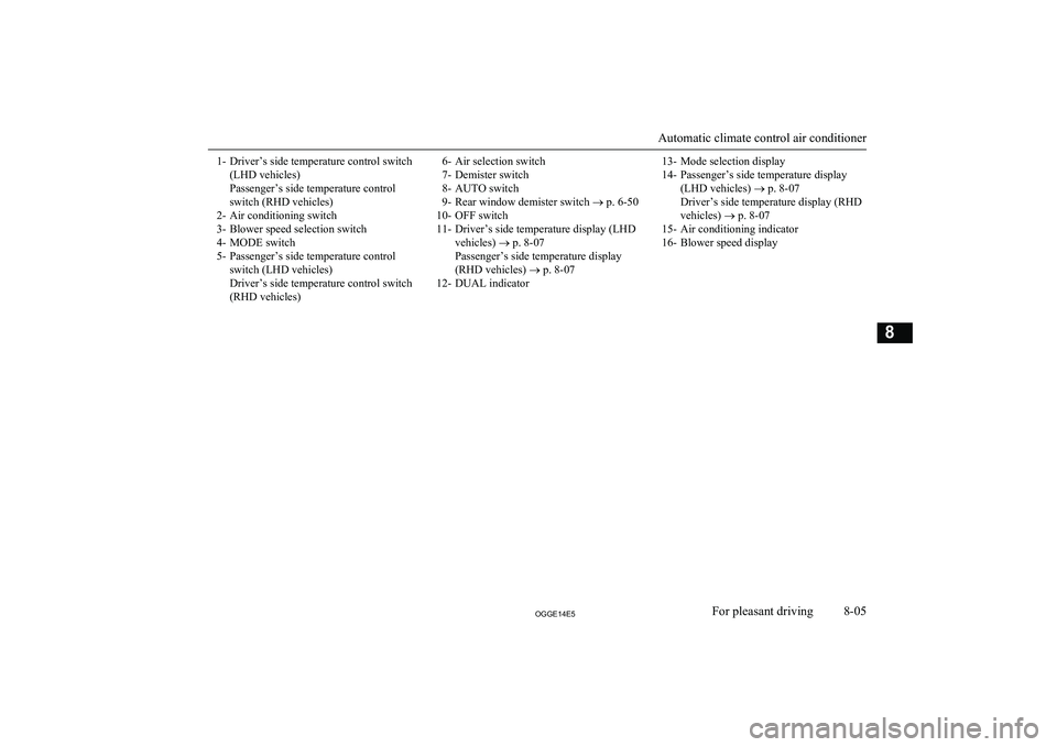 MITSUBISHI OUTLANDER PHEV 2014 Owners Manual (in English) 1- Driver’s side temperature control switch(LHD vehicles)
Passenger’s side temperature control
switch (RHD vehicles)
2- Air conditioning switch
3- Blower speed selection switch
4- MODE switch
5- P MITSUBISHI OUTLANDER PHEV 2014 Owners Manual (in English) 1- Driver’s side temperature control switch(LHD vehicles)
Passenger’s side temperature control
switch (RHD vehicles)
2- Air conditioning switch
3- Blower speed selection switch
4- MODE switch
5- P
