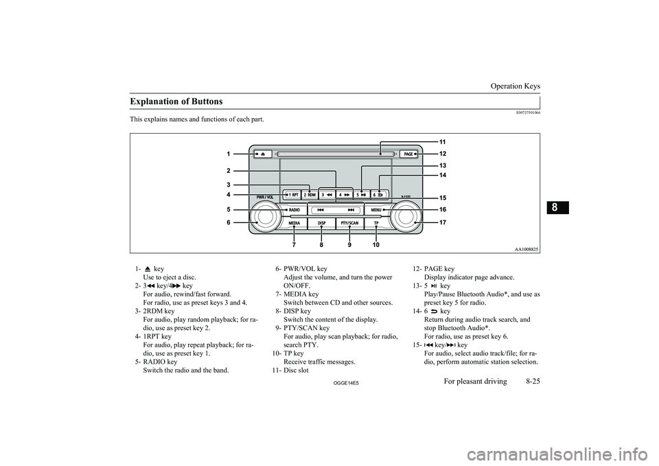 MITSUBISHI OUTLANDER PHEV 2014 Owners Manual (in English) Explanation of Buttons
E00737501066
This explains names and functions of each part.
1- key
Use to eject a disc.
2- 3
key/4 key
For audio, rewind/fast forward.
For radio, use as preset keys 3 and 4.
3 MITSUBISHI OUTLANDER PHEV 2014 Owners Manual (in English) Explanation of Buttons
E00737501066
This explains names and functions of each part.
1- key
Use to eject a disc.
2- 3
key/4 key
For audio, rewind/fast forward.
For radio, use as preset keys 3 and 4.
3