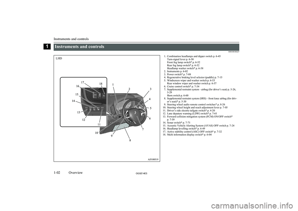 MITSUBISHI OUTLANDER PHEV 2014  Owners Manual (in English) Instruments and controlsE001001082271. Combination headlamps and dipper switch p. 6-45Turn-signal lever p. 6-50
Front fog lamp switch* p. 6-52
Rear fog lamp switch* p. 6-52
Headlamp washer switch* p. 