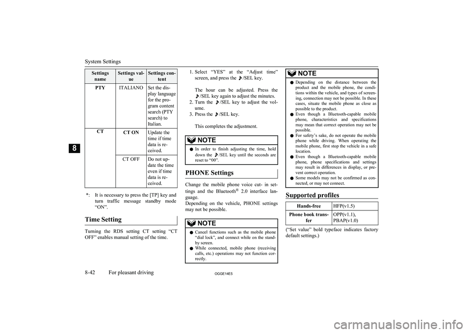 MITSUBISHI OUTLANDER PHEV 2014 Owners Manual (in English) SettingsnameSettings val- ueSettings con-tentPTYITALIANOSet the dis-
play language
for the pro-
gram content
search (PTY
search) to
Italian.CTCT ONUpdate the
time if time
data is re-
ceived.CT OFFDo n MITSUBISHI OUTLANDER PHEV 2014 Owners Manual (in English) SettingsnameSettings val- ueSettings con-tentPTYITALIANOSet the dis-
play language
for the pro-
gram content
search (PTY
search) to
Italian.CTCT ONUpdate the
time if time
data is re-
ceived.CT OFFDo n