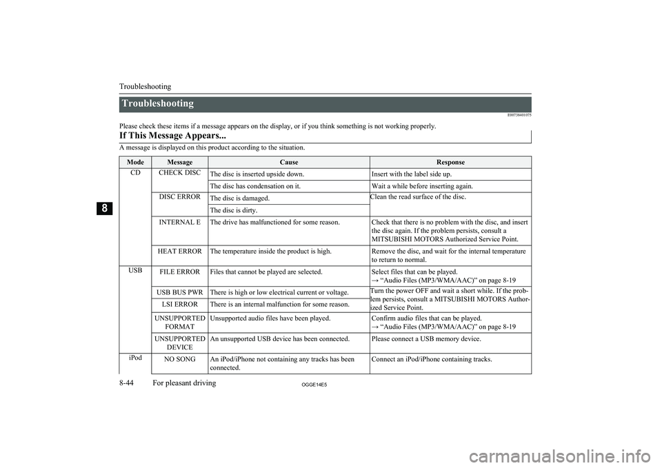 MITSUBISHI OUTLANDER PHEV 2014 Owners Manual (in English) TroubleshootingE00738401075
Please check these items if a message appears on the display, or if you think something is not working properly.If This Message Appears...
A message is displayed on this pr MITSUBISHI OUTLANDER PHEV 2014 Owners Manual (in English) TroubleshootingE00738401075
Please check these items if a message appears on the display, or if you think something is not working properly.If This Message Appears...
A message is displayed on this pr