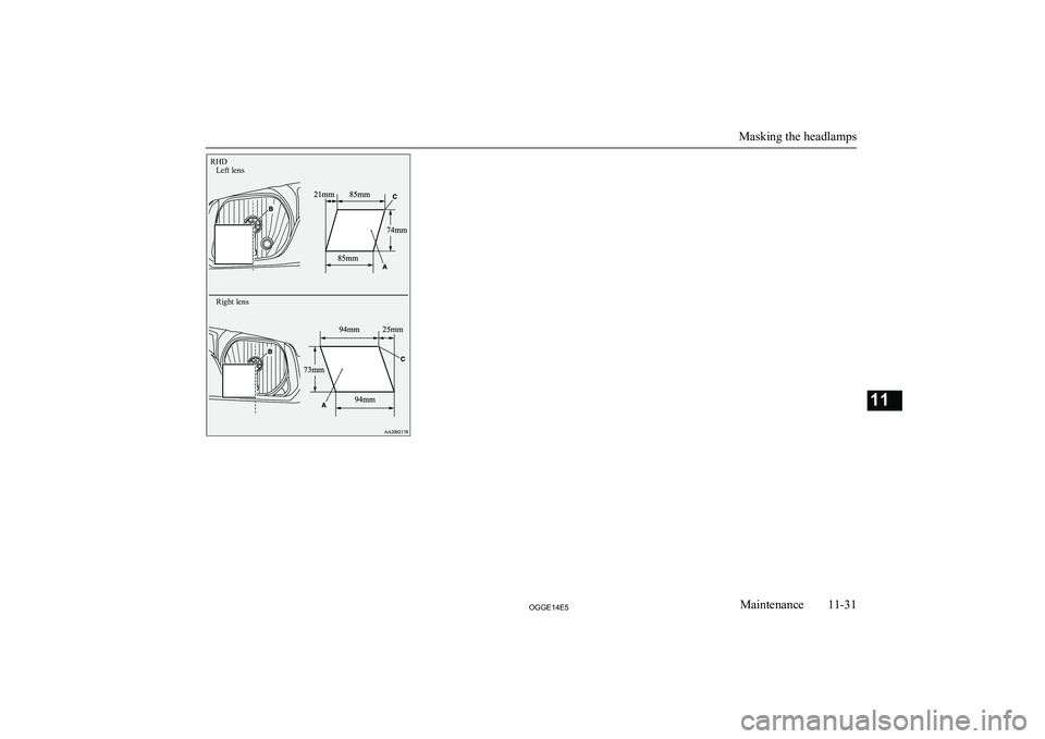 MITSUBISHI OUTLANDER PHEV 2014  Owners Manual (in English) RHDRight lensLeft lens
Masking the headlamps
11-31OGGE14E5Maintenance11 