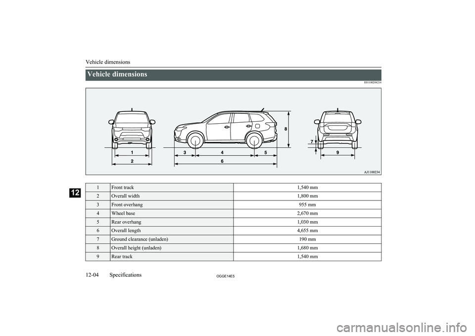 MITSUBISHI OUTLANDER PHEV 2014  Owners Manual (in English) Vehicle dimensionsE011002042141Front track1,540 mm2Overall width1,800 mm3Front overhang955 mm4Wheel base2,670 mm5Rear overhang1,030 mm6Overall length4,655 mm7Ground clearance (unladen)190 mm8Overall h