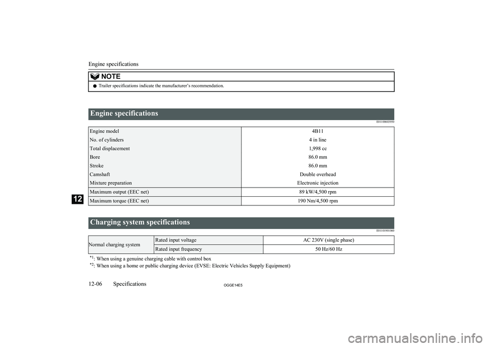 MITSUBISHI OUTLANDER PHEV 2014  Owners Manual (in English) NOTElTrailer specifications indicate the manufacturer’s recommendation.
 
Engine specifications
E01100603950Engine model4B11No. of cylinders4 in lineTotal displacement1,998 ccBore86.0 mmStroke86.0 m