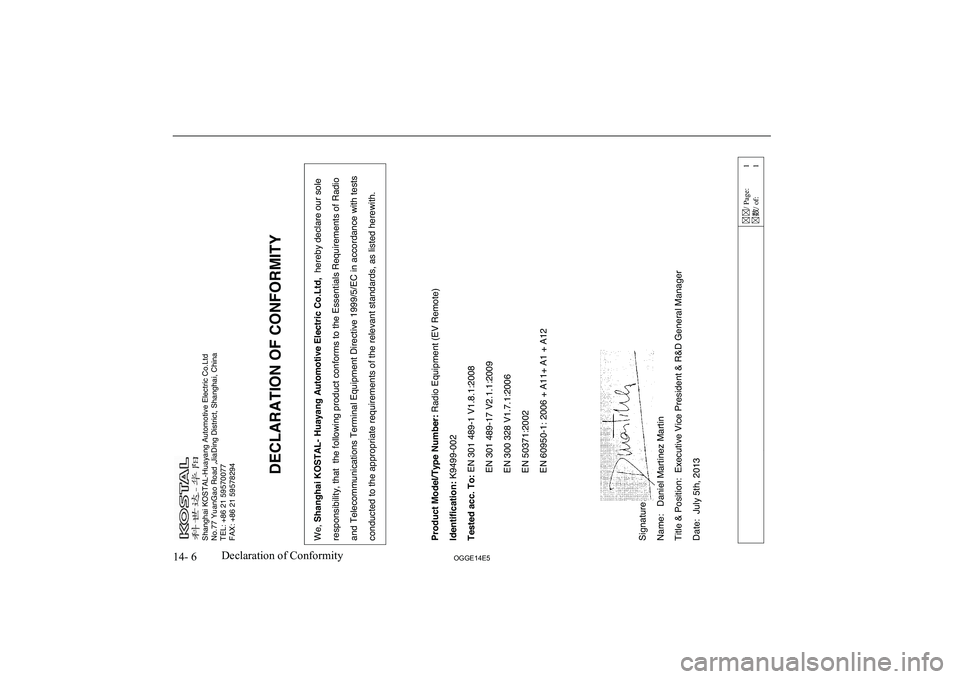 MITSUBISHI OUTLANDER PHEV 2014 Owners Manual (in English) 14- 6OGGE14E5Declaration of Conformity Shanghai KOSTAL-Huayang Automotive Electric Co.Ltd
No.77 YuanGao Road ,JiaDing District, Shanghai, China
TEL: +86 21 59570077
FAX: +86 21 59578294
MITSUBISHI OUTLANDER PHEV 2014 Owners Manual (in English) 14- 6OGGE14E5Declaration of Conformity Shanghai KOSTAL-Huayang Automotive Electric Co.Ltd
No.77 YuanGao Road ,JiaDing District, Shanghai, China
TEL: +86 21 59570077
FAX: +86 21 59578294
