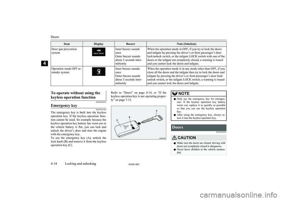 MITSUBISHI OUTLANDER PHEV 2014   (in English) Repair Manual ItemDisplayBuzzerNote (Solution)Door ajar prevention
systemInner buzzer sounds
once
Outer buzzer sounds
about 3 seconds inter-
mittentlyWhen the operation mode in OFF, if you try to lock the doors
and