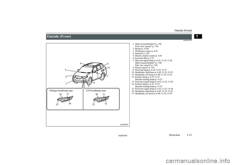 MITSUBISHI OUTLANDER PHEV 2016  Owners Manual (in English) Outside (Front)E001005073381. Multi Around Monitor* p. 7-88Front view camera* p. 7-88
2. Bonnet p. 11-04
3. Windscreen wipers p. 6-55
4. Sunroof* p. 4-36
5. Electric window control p. 4-34
6. Fuel tan