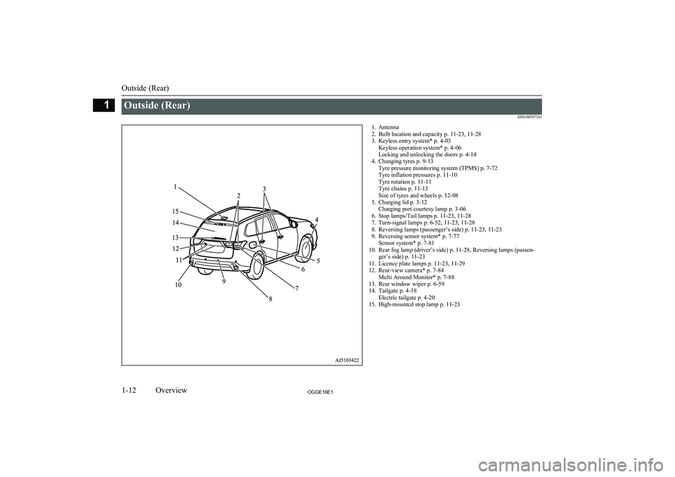 MITSUBISHI OUTLANDER PHEV 2016  Owners Manual (in English) Outside (Rear)E001005073411. Antenna2. Bulb location and capacity p. 11-23, 11-28
3. Keyless entry system* p. 4-03 Keyless operation system* p. 4-06
Locking and unlocking the doors p. 4-14
4. Changing