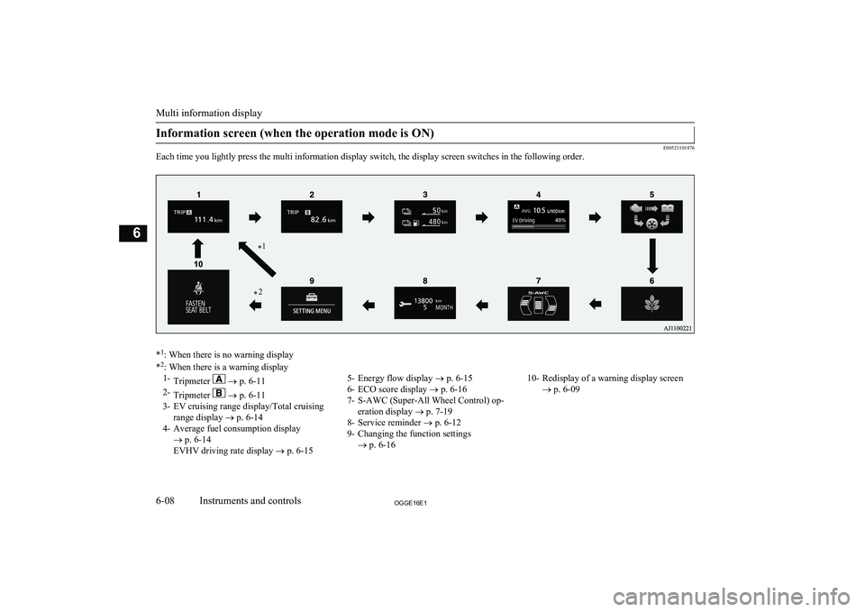 MITSUBISHI OUTLANDER PHEV 2016 Owners Manual (in English) Information screen (when the operation mode is ON)
E00521101876
Each time you lightly press the multi information display switch, the display screen switches in the following order.
* 1
: When there i MITSUBISHI OUTLANDER PHEV 2016 Owners Manual (in English) Information screen (when the operation mode is ON)
E00521101876
Each time you lightly press the multi information display switch, the display screen switches in the following order.
* 1
: When there i