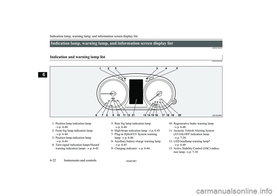 MITSUBISHI OUTLANDER PHEV 2016  Owners Manual (in English) Indication lamp, warning lamp, and information screen display listE00523701267
 Indication and warning lamp list
E00523802265
1- Position lamp indication lamp ® p. 6-44
2- Front fog lamp indication l