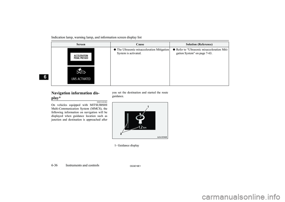 MITSUBISHI OUTLANDER PHEV 2016 Owners Manual (in English) ScreenCauseSolution (Reference)lThe Ultrasonic misacceleration Mitigation
System is activated.l Refer to “Ultrasonic misacceleration Miti-
gation System” on page 7-63.
Navigation information dis MITSUBISHI OUTLANDER PHEV 2016 Owners Manual (in English) ScreenCauseSolution (Reference)lThe Ultrasonic misacceleration Mitigation
System is activated.l Refer to “Ultrasonic misacceleration Miti-
gation System” on page 7-63.
Navigation information dis