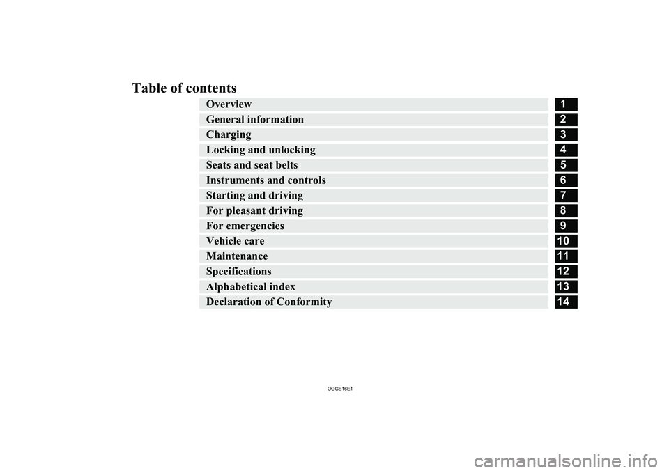 MITSUBISHI OUTLANDER PHEV 2016  Owners Manual (in English) Table of contentsOverview1General information2Charging3Locking and unlocking4Seats and seat belts5Instruments and controls6Starting and driving7For pleasant driving8For emergencies9Vehicle care10Maint