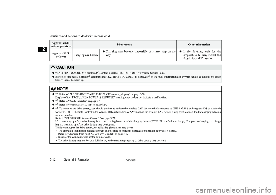 MITSUBISHI OUTLANDER PHEV 2016   (in English) Owners Guide Approx. ambi-
ent temperaturePhenomenaCorrective actionApprox. -30 °C or lowerCharging and batterylCharging  may  become  impossible  or  it  may  stop  on  the
way.l In  the  daytime,  wait  for  th