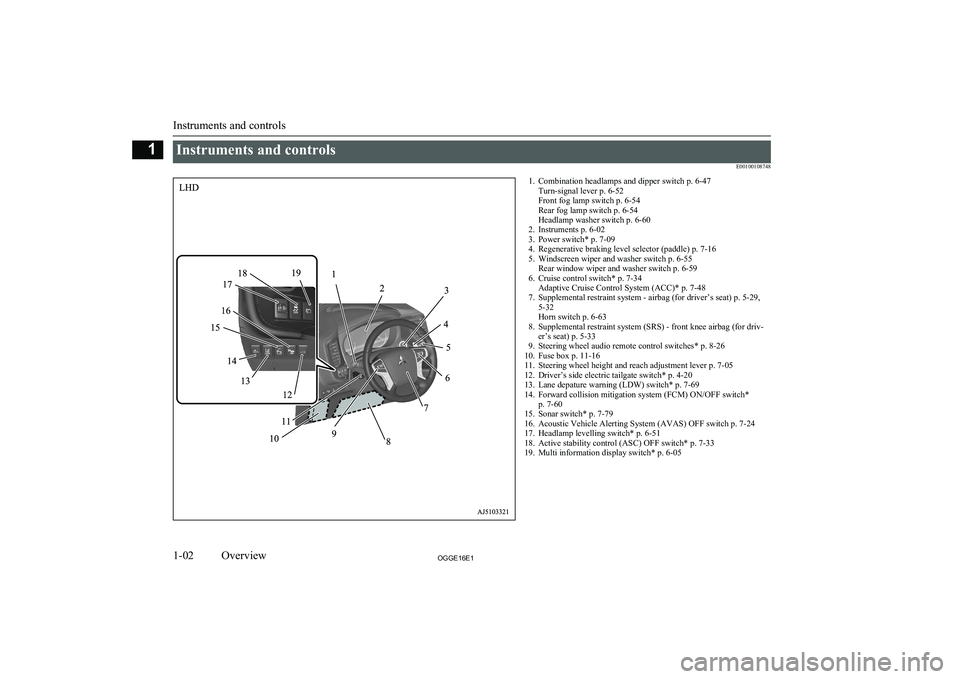 MITSUBISHI OUTLANDER PHEV 2016  Owners Manual (in English) Instruments and controlsE001001087481. Combination headlamps and dipper switch p. 6-47Turn-signal lever p. 6-52
Front fog lamp switch p. 6-54
Rear fog lamp switch p. 6-54
Headlamp washer switch p. 6-6