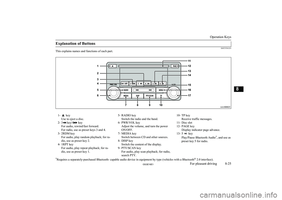 MITSUBISHI OUTLANDER PHEV 2016 Owners Manual (in English) Explanation of Buttons
E00737501255
This explains names and functions of each part.
1- key
Use to eject a disc.
2- 3
key/4 key
For audio, rewind/fast forward.
For radio, use as preset keys 3 and 4.
3 MITSUBISHI OUTLANDER PHEV 2016 Owners Manual (in English) Explanation of Buttons
E00737501255
This explains names and functions of each part.
1- key
Use to eject a disc.
2- 3
key/4 key
For audio, rewind/fast forward.
For radio, use as preset keys 3 and 4.
3