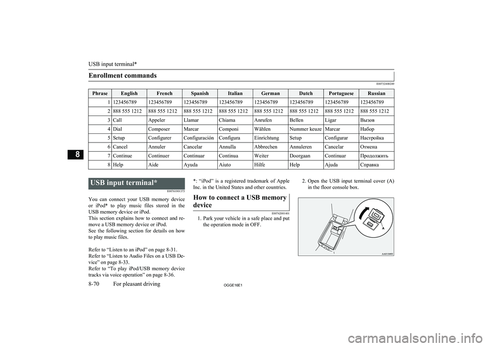 MITSUBISHI OUTLANDER PHEV 2016 Owners Manual (in English) Enrollment commands
E00732400249
PhraseEnglishFrenchSpanishItalianGermanDutchPortugueseRussian11234567891234567891234567891234567891234567891234567891234567891234567892888 555 1212888 555 1212888 555 MITSUBISHI OUTLANDER PHEV 2016 Owners Manual (in English) Enrollment commands
E00732400249
PhraseEnglishFrenchSpanishItalianGermanDutchPortugueseRussian11234567891234567891234567891234567891234567891234567891234567891234567892888 555 1212888 555 1212888 555