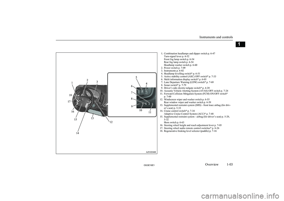 MITSUBISHI OUTLANDER PHEV 2016  Owners Manual (in English) 1. Combination headlamps and dipper switch p. 6-47Turn-signal lever p. 6-52
Front fog lamp switch p. 6-54
Rear fog lamp switch p. 6-54
Headlamp washer switch p. 6-60
2. Power switch p. 7-09
3. Instrum