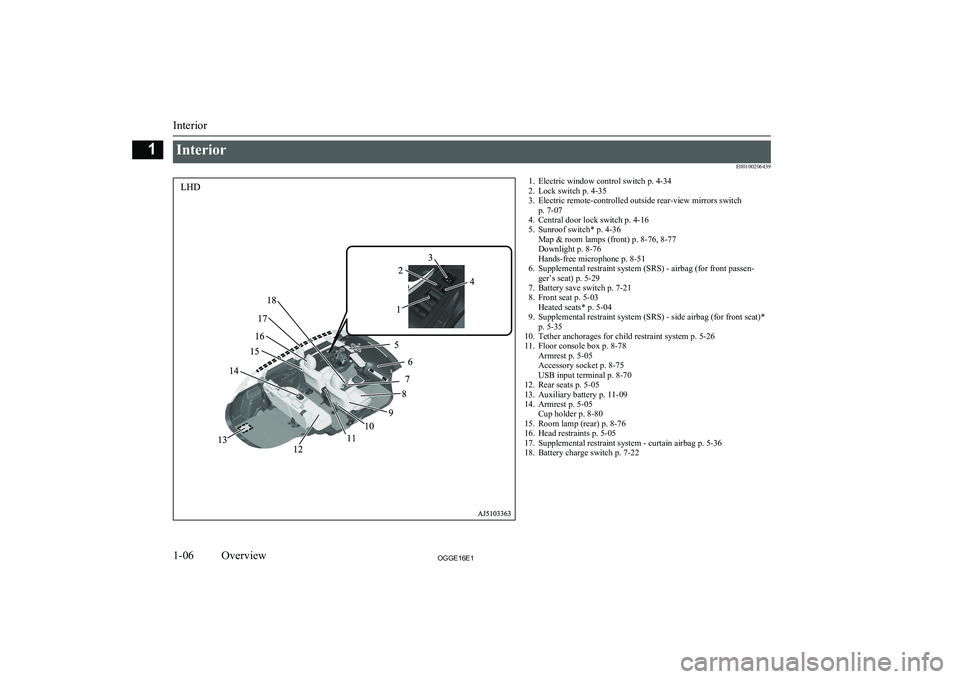 MITSUBISHI OUTLANDER PHEV 2016  Owners Manual (in English) InteriorE001002064391. Electric window control switch p. 4-34
2. Lock switch p. 4-35
3. Electric remote-controlled outside rear-view mirrors switch p. 7-07
4. Central door lock switch p. 4-16
5. Sunro