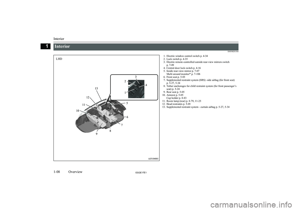 MITSUBISHI OUTLANDER PHEV 2017 (in English) User Guide InteriorE085002015641. Electric window control switch p. 4-34
2. Lock switch p. 4-35
3. Electric remote-controlled outside rear-view mirrors switch p. 7-09
4. Central door lock switch p. 4-16
5. Insid MITSUBISHI OUTLANDER PHEV 2017 (in English) User Guide InteriorE085002015641. Electric window control switch p. 4-34
2. Lock switch p. 4-35
3. Electric remote-controlled outside rear-view mirrors switch p. 7-09
4. Central door lock switch p. 4-16
5. Insid
