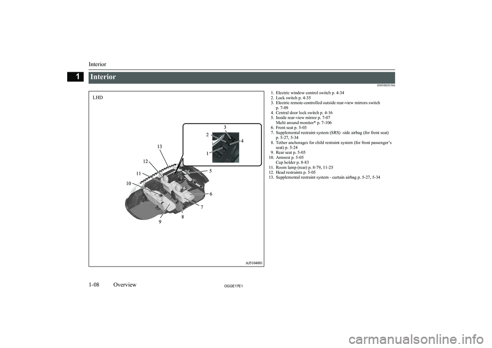 MITSUBISHI OUTLANDER PHEV 2017  Owners Manual (in English) InteriorE085002015641. Electric window control switch p. 4-34
2. Lock switch p. 4-35
3. Electric remote-controlled outside rear-view mirrors switch p. 7-09
4. Central door lock switch p. 4-16
5. Insid