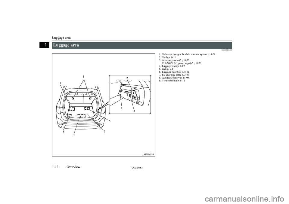 MITSUBISHI OUTLANDER PHEV 2017  Owners Manual (in English) Luggage areaE085003012591. Tether anchorages for child restraint system p. 5-24
2. Tools p. 9-11
3. Accessory socket* p. 8-75 220-240 V AC power supply* p. 8-76
4. Luggage hook p. 8-87
5. Jack p. 9-11