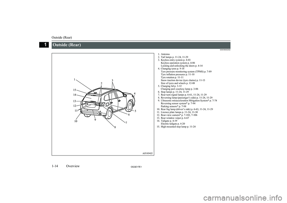 MITSUBISHI OUTLANDER PHEV 2017  Owners Manual (in English) Outside (Rear)E085004020421. Antenna2. Tail lamps p. 11-24, 11-29
3. Keyless entry system p. 4-03 Keyless operation system p. 4-06
Locking and unlocking the doors p. 4-14
4. Changing tyres p. 9-18 Tyr