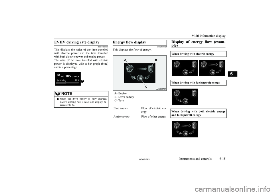 MITSUBISHI OUTLANDER PHEV 2017 Owners Manual (in English) EVHV driving rate display
E00537500038
This displays the ratios of the time travelled
with electric power and the time travelledwith both electric power and engine power.
The ratio of MITSUBISHI OUTLANDER PHEV 2017 Owners Manual (in English) EVHV driving rate display
E00537500038
This displays the ratios of the time travelled
with electric power and the time travelledwith both electric power and engine power.
The ratio of