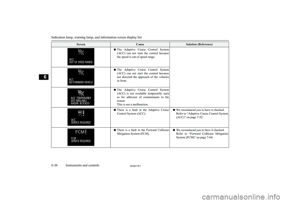 MITSUBISHI OUTLANDER PHEV 2017 Owners Manual (in English) ScreenCauseSolution (Reference)lThe Adaptive Cruise Control System
(ACC) can not start the control because
the speed is out of speed range.l The Adaptive Cruise Control System
(ACC) can MITSUBISHI OUTLANDER PHEV 2017 Owners Manual (in English) ScreenCauseSolution (Reference)lThe Adaptive Cruise Control System
(ACC) can not start the control because
the speed is out of speed range.l The Adaptive Cruise Control System
(ACC) can