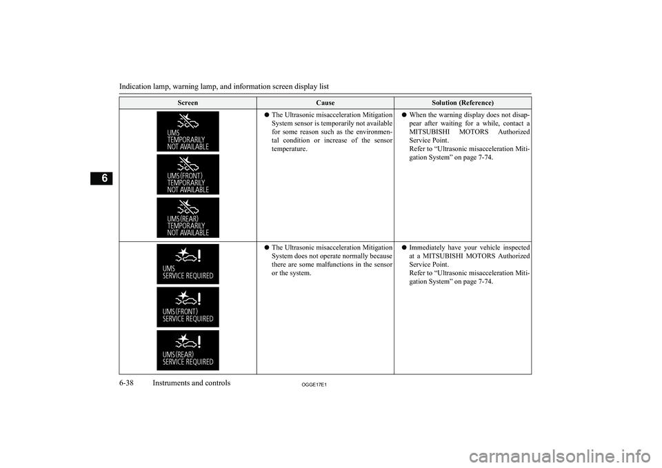 MITSUBISHI OUTLANDER PHEV 2017 Owners Manual (in English) ScreenCauseSolution (Reference)lThe Ultrasonic misacceleration Mitigation
System sensor is temporarily not available for some reason such as the environmen-tal condition or increase of the MITSUBISHI OUTLANDER PHEV 2017 Owners Manual (in English) ScreenCauseSolution (Reference)lThe Ultrasonic misacceleration Mitigation
System sensor is temporarily not available for some reason such as the environmen-tal condition or increase of the