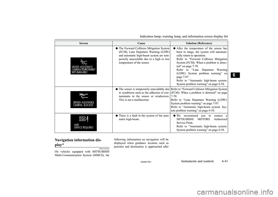 MITSUBISHI OUTLANDER PHEV 2017 Owners Manual (in English) ScreenCauseSolution (Reference)lThe Forward Collision Mitigation System
(FCM), Lane Departure Warning (LDW)
and automatic high-beam system are tem-
porarily unavailable due to a high MITSUBISHI OUTLANDER PHEV 2017 Owners Manual (in English) ScreenCauseSolution (Reference)lThe Forward Collision Mitigation System
(FCM), Lane Departure Warning (LDW)
and automatic high-beam system are tem-
porarily unavailable due to a high