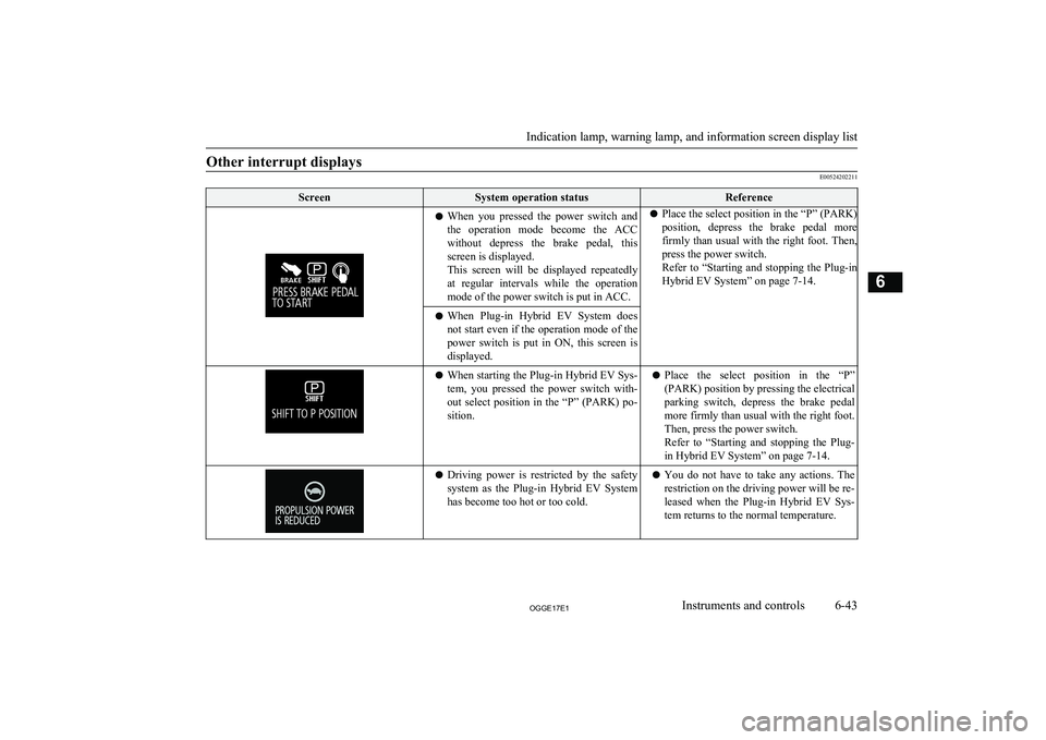 MITSUBISHI OUTLANDER PHEV 2017 Owners Manual (in English) Other interrupt displays
E00524202211
ScreenSystem operation statusReferencelWhen you pressed the power switch and
the operation mode become the ACC
without depress the brake pedal, th MITSUBISHI OUTLANDER PHEV 2017 Owners Manual (in English) Other interrupt displays
E00524202211
ScreenSystem operation statusReferencelWhen you pressed the power switch and
the operation mode become the ACC
without depress the brake pedal, th