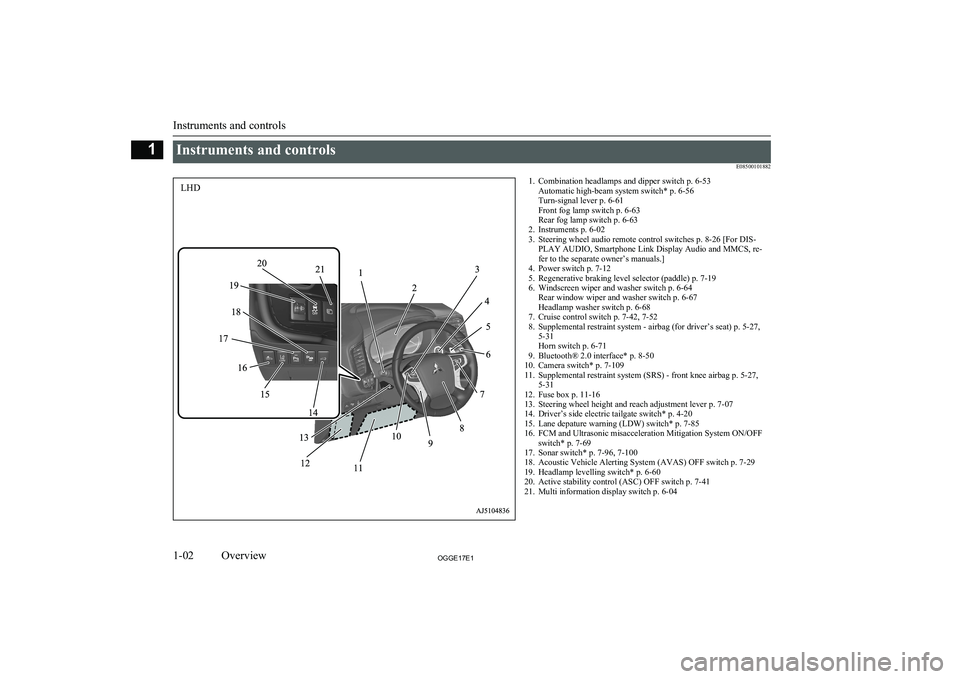 MITSUBISHI OUTLANDER PHEV 2017  Owners Manual (in English) Instruments and controlsE085001018821. Combination headlamps and dipper switch p. 6-53Automatic high-beam system switch* p. 6-56
Turn-signal lever p. 6-61
Front fog lamp switch p. 6-63
Rear fog lamp s