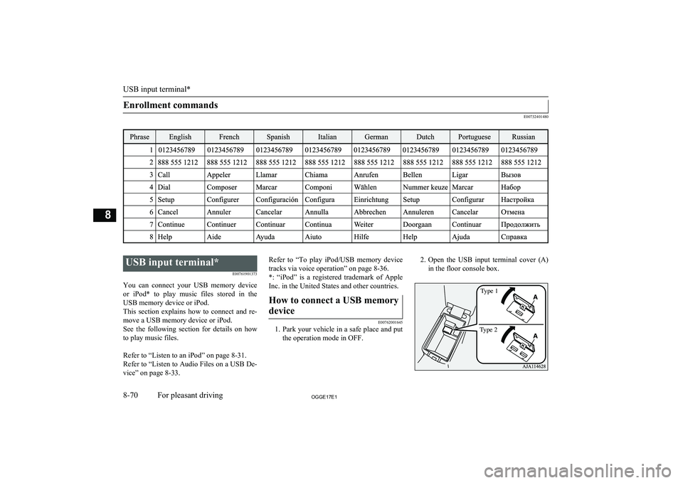 MITSUBISHI OUTLANDER PHEV 2017  Owners Manual (in English) Enrollment commands
E00732401480
 
USB input terminal*E00761901373
You  can  connect  your  USB  memory  device or  iPod*  to  play  music  files  stored  in  the USB memory device or iPod.
This  sect