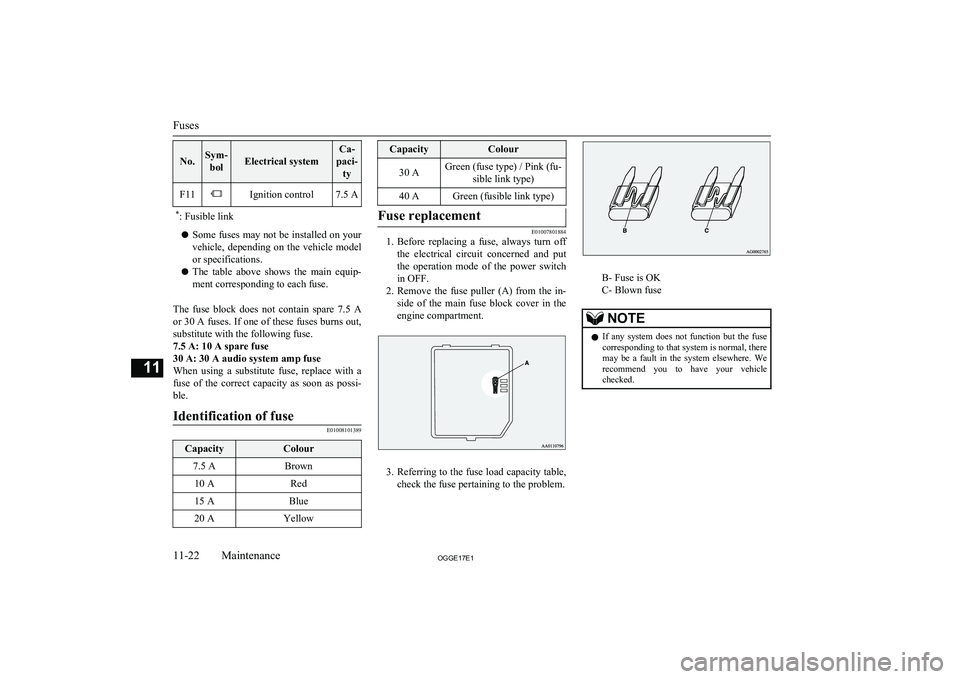 MITSUBISHI OUTLANDER PHEV 2017 Owners Manual (in English) No.Sym-bolElectrical system
Ca-
paci- tyF11Ignition control7.5 A*: Fusible link
l Some fuses may not be installed on your
vehicle, depending on the vehicle model
or specifications.
l The table MITSUBISHI OUTLANDER PHEV 2017 Owners Manual (in English) No.Sym-bolElectrical system
Ca-
paci- tyF11Ignition control7.5 A*: Fusible link
l Some fuses may not be installed on your
vehicle, depending on the vehicle model
or specifications.
l The table