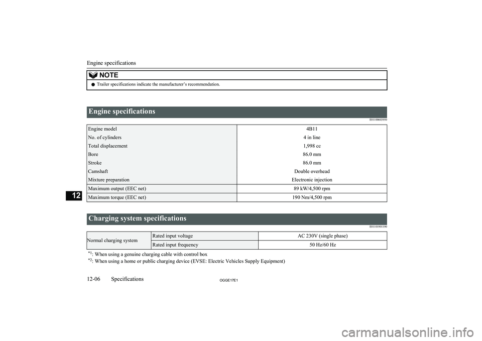 MITSUBISHI OUTLANDER PHEV 2017  Owners Manual (in English) NOTElTrailer specifications indicate the manufacturer’s recommendation.
 
Engine specifications
E01100603950Engine model4B11No. of cylinders4 in lineTotal displacement1,998 ccBore86.0 mmStroke86.0 m