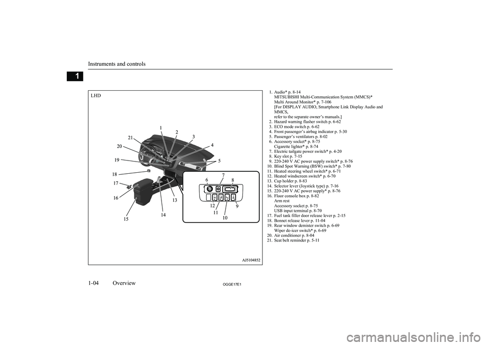 MITSUBISHI OUTLANDER PHEV 2017  Owners Manual (in English) 1. Audio* p. 8-14MITSUBISHI Multi-Communication System (MMCS)*
Multi Around Monitor* p. 7-106
[For DISPLAY AUDIO, Smartphone Link Display Audio and
MMCS,
refer to the separate owner’s manuals.]
2. H