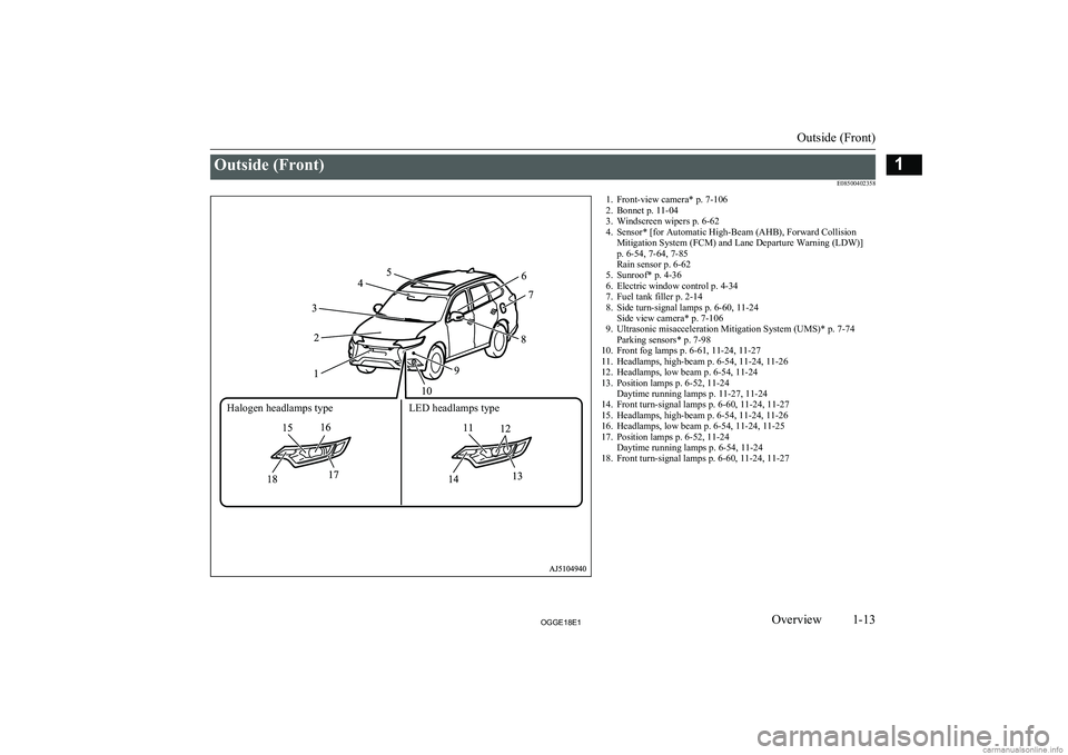 MITSUBISHI OUTLANDER PHEV 2018   (in English) User Guide Outside (Front)E085004023581. Front-view camera* p. 7-1062. Bonnet p. 11-04
3. Windscreen wipers p. 6-62
4. Sensor* [for Automatic High-Beam (AHB), Forward Collision Mitigation System (FCM) and Lane D