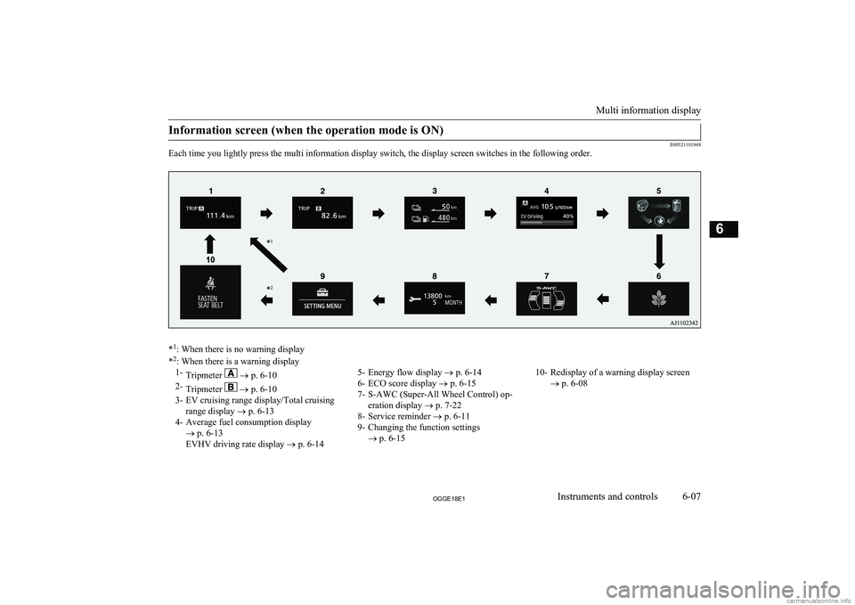 MITSUBISHI OUTLANDER PHEV 2018 Owners Manual (in English) Information screen (when the operation mode is ON)
E00521101948
Each time you lightly press the multi information display switch, the display screen switches in the following order.
* 1
: When there i MITSUBISHI OUTLANDER PHEV 2018 Owners Manual (in English) Information screen (when the operation mode is ON)
E00521101948
Each time you lightly press the multi information display switch, the display screen switches in the following order.
* 1
: When there i
